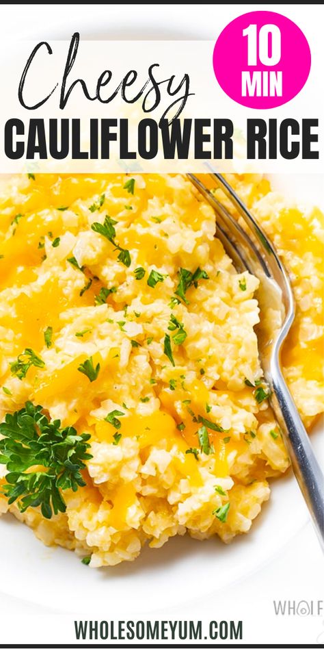 Cheesy Cauliflower Rice Recipe Cauliflower Rice Mac And Cheese, Riced Califlower Recipes, Cheesy Cauliflower Rice, Keto Cauliflower Rice, Side Dishes For Fish, Keto Mac And Cheese, Cauliflower Rice Recipe, Recipes Cauliflower, Bbq Fish