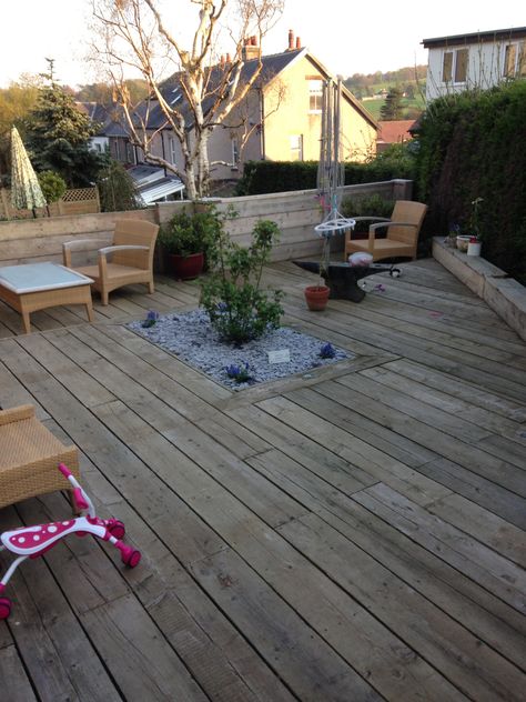 Scaffold board decking Scaffold Decking, Sleeper Path, Decking Ideas, Garden Paving, Garden Studio, Beach Gardens, Deck Garden, Garden Bedding, Courtyard Garden