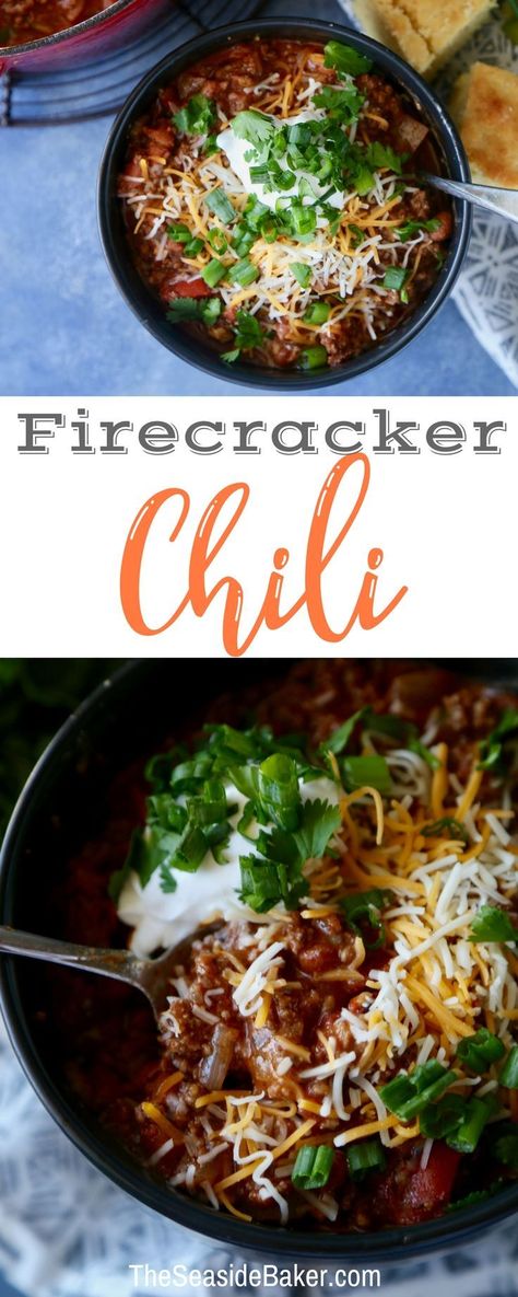 Firecracker Chili Recipe - spicy and perfect for cool fall or winter nights! | #theseasidebaker #chili #chilirecipe #dinnerrecipe #firecrackerchili #fallrecipe | see this and other delicious recipes at TheSeasideBaker.com Spicy Chilli Recipe, Hot Chili Recipe, Sausage Chili Recipe, Sausage Chili, Spicy Chili Recipe, Vegetarian Chili Recipe, Best Chili Recipe, Chili Recipe Crockpot, Chilli Recipes