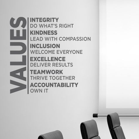 Employee Entrance Ideas, Productivity Quotes Work, Corporate Office Artwork, Company Values Poster, Brand Values Design, Small Office Ideas Business Decor Work Spaces Interior Design, Office Wall Graphics Creative, Staff Break Room Ideas, Office Branding Wall