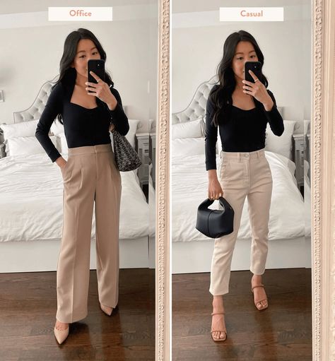 spring work to weekend outfits // how to style a chic black top for the office and for a casual date night look Business Office Outfits, Corporate Girlie, Spring Office Outfits, Petite Work Outfits, Work Outfit Ideas, Petite Business Casual, Spring Work, Weekend Outfits, Office Outfits Women