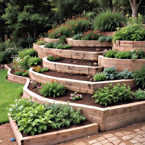 25 Sloped Garden Ideas to Enhance Your Landscape Design Backyard Landscaping Terraced, Edible Garden Landscape Design, Vegetable Garden On A Hill, Garden Slope Ideas, Tiered Garden Ideas Sloped Yard, Steep Garden Ideas, Landscaped Hillside, Garden On Slope, Sloped Garden Ideas