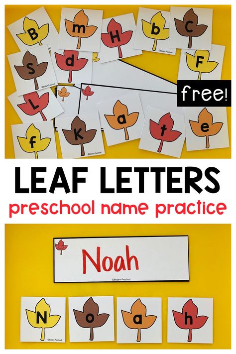 FREE printable fall leaf letter cards preschool activity to practice uppercase & lowercase letter identification and building names! Prek Learning Activities Fall, Fall Week Preschool Activities, Name Recognition Preschool Fall, Fall Name Tree Craft, Preschool Tree Theme Activities, Pumpkins With Letters Printable, Fall Harvest Crafts For Preschoolers, Leaf Week Preschool, Leaf Literacy Activities