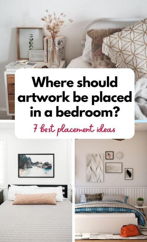 These are the best places to put artwork in any bedroom that makes them stand out and look its best in the decor. You don't want to miss these ideas. Where To Put Art In Bedroom, Bedroom Wall Decor Beside Bed, Frames Above Nightstand, Picture Placement On Wall Bedroom, Where To Hang Art In Bedroom, Pictures In Master Bed, Art Over Nightstand Master Bedrooms, Artwork Above Nightstands, In Front Of Bed Decor