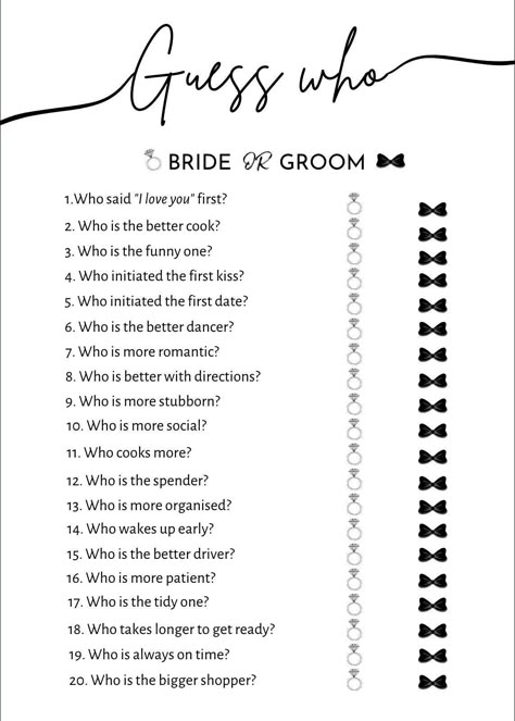 Guess who Bride or Groom consists of twenty questions. - The template has been created for A5 paper. - Can be printed on any size paper once purchased the download. - This template may not be personalised. - Download and print as you wish. - Hand crafted template. - Designed on a white background. Guess Who Bride Or Groom, Twenty Questions, Wedding Party Games, Wedding Shower Games, Wedding Activities, Future Wedding Plans, Cute Wedding Ideas, Couple Shower, Wedding Games