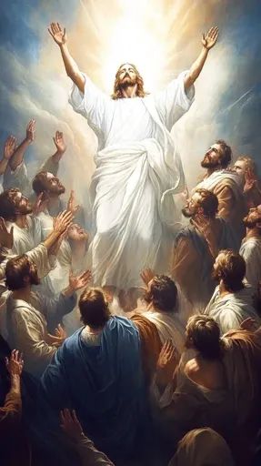 ↑↑↑ Larger size on website 🔸 A painting depicting the ascension of Jesus Christ into Heaven. Jesus is in the center, clothed in w The Ascension Of Jesus, Ascension Of Jesus, Jesus Painting, Jesus Is, Jesus Christ, Jesus