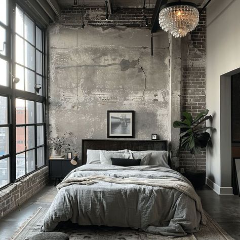 Industrial Chic Bedroom Design Eclectic Loft, Industrial Bedroom Design, Industrial Style Bedroom, Beige Bedroom, Industrial Bedroom, Mens Bedroom, Loft Interiors, Exposed Brick Walls, Urban Loft