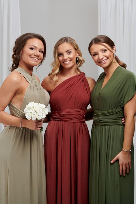 Complete your Autumn or Fall wedding with these luxury sage green, terracotta and olive green bridesmaid dresses. Beautiful mix and match bridesmaids dresses. #bridesmaiddresses #multiwaydress #autumnwedding #fallwedding #bridesmaids #bridesmaidsdresses Bridemaids Dresses Fall October, Autumn Wedding Bridesmaids Dresses, Olive Green Terracotta Wedding, Autumnal Bridesmaid Dresses, Terracota Bridesmaid Dress, Autumn Wedding Bridesmaids, Sage Green And Terracotta Wedding, Bridesmaid Dresses Autumn, Autumn Bridesmaid Dresses