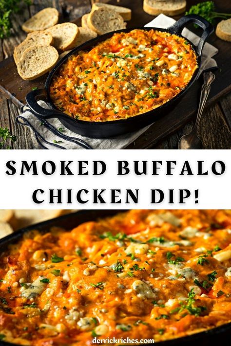 This crowd-pleasing smoked buffalo chicken dip is the perfect savory, spicy appetizer for cookouts, parties, and game-day events! Brunch Smoker Ideas, Buffalo Chicken Dip On Smoker, Smoked Fall Recipes, Smoked Buffalo Chicken Wings, Smoked Party Dips, Buffalo Chicken Dip Smoker, Thanksgiving Smoked Appetizers, Smoked Dips Appetizer, Smoked Chicken Dip Recipe