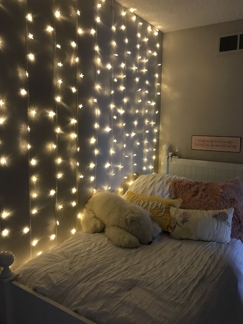 Fairy Lights Curtain Bedroom, Curtain Lights Outdoor, Fairy Curtain Lights, String Lights For Bedroom, Modern Sofa Design, Bedroom Decor Pictures, Window Wall Hanging, Hanging Curtain, Outdoor Window