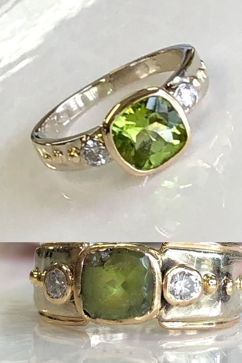 cushion cut peridot redesigned streamlined with protective bezel Precious Stones Ring, Redesigned Rings Before And After, Ring Redesign Before And After, Wedding Ring Redesign, Ring Redesign, Peridot Rings, Peridot Engagement Ring, Emotional Attachment, Peridot Engagement Rings