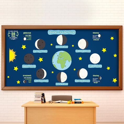 PRICES MAY VARY. Versatile Classroom Accessories: featuring a charming phases of the moon theme, our bulletin board cutouts set include 30 cutouts, namely 8 moon of different shapes, 5 text explanations, 1 earth, 16 star and sun cutouts; A well fit for bulletin board decor needs, they serve as vibrant and eye catching bulletin board trim that can transform your space instantly Standout Quality: crafted from quality paper material, these bulletin board decorations set are not only attractive but Phases Of The Moon Bulletin Board, Out Of This World Bulletin Board, Wall Classroom Decor, Star Bulletin Boards, World Bulletin Board, Bulletin Ideas, Classroom Accessories, School Secretary, Sea Nursery