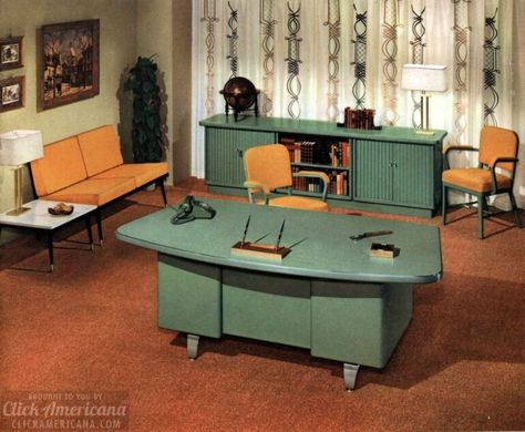 The way offices used to look: Vintage office furniture and sleek mid-century modern desks from 1959 - Click Americana Mid Century Modern Office Furniture, Vintage Office Furniture, Retro Office Decor, Interior Kantor, Mid Century Office, Mid Century Modern Office, Mid Century Modern Desk, Modern Desks, Retro Office