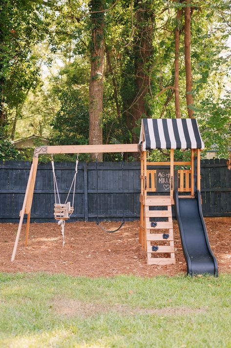 Simple Swingset Plans Diy, Small Backyard Swingset Ideas, Playset Makeover Ideas, Diy Swing Set With Slide, Playset Outdoor Diy, Outdoor Playset Makeover, Diy Outdoor Playset, Swing Set Makeover, Swingset Ideas