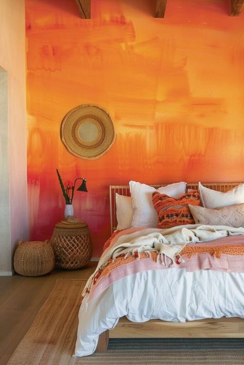 29 Chic Boho Bedroom Accent Wall Ideas to Transform Your Space Orange Walls Bedroom, Light Orange Walls, Peach Bedroom Ideas, Boho Bedroom Accent Wall, Orange Accent Wall, Sunset Interior, Sunset Bedroom, Chic Boho Bedroom, Bedroom Accent Wall Ideas