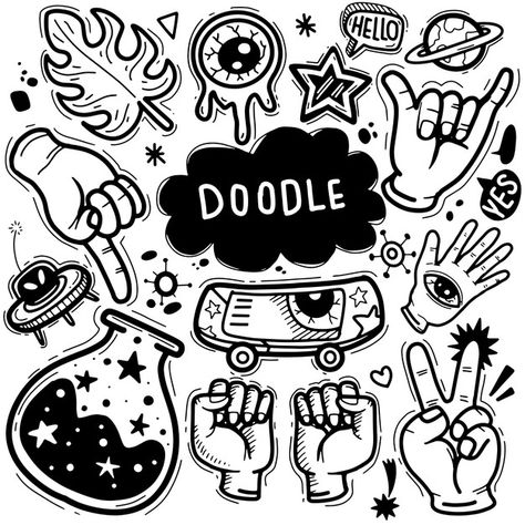 Hand drawn illustration of doodle set | Premium Vector #Freepik #vector Monster Background, Doodle Reference, Blender Texture, Comic Doodle, Lsd Art, Doodle Cute, Doodle Monster, Cartoon Silhouette, Pink And White Background