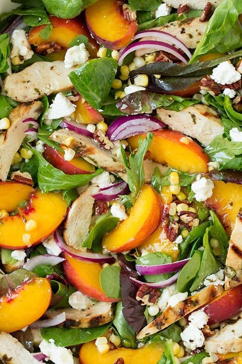 Peach Salad with Grilled Basil Chicken and White Balsamic-Honey Vinaigrette | Cooking Classy Recipe With Peaches, Peach Salad Recipes, Peach Basil, Peach Chicken, Honey Vinaigrette, Salad With Chicken, Salad Chicken, White Balsamic, Vinaigrette Recipe