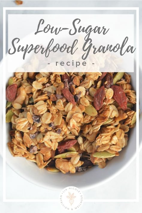 Low-Sugar Superfood Granola - Perfect for a healthy breakfast or snack! Click for the complete recipe! Dash Diet Granola Recipe, Low Cholesterol Granola, Mediterranean Granola Recipe, Healthy Granola Recipe Clean Eating, Superfood Granola Recipe, Heart Healthy Granola Recipe, No Sugar Added Granola Recipe, High Fiber Granola Recipe, Golo Diet Recipes Granola