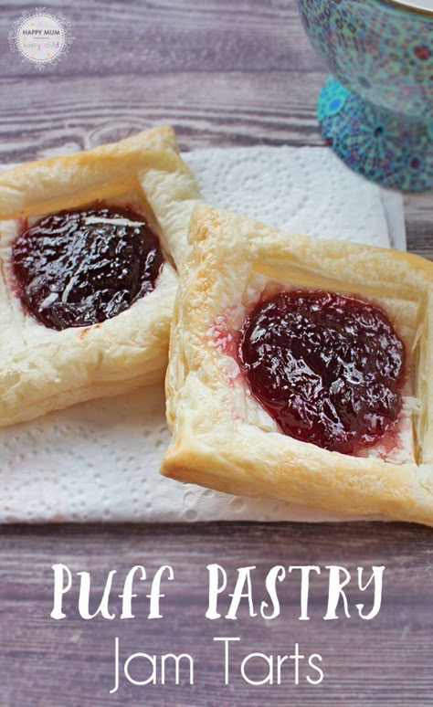 Puff Pastry Jam Tarts | Happy Mum Happy Child Jam Tarts With Puff Pastry, Strawberry Jam Pastry, Puff Pastry Jam, Strawberry Jam Tarts, Sweet Puff Pastry Recipes, Sweet Puff Pastry, Easy Puff Pastry Recipe, Puff Pastry Recipes Dessert, Slice Recipes