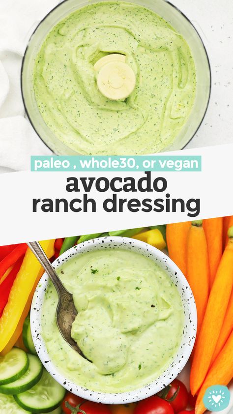 Creamy Avocado Ranch - This avocado ranch dressing recipe is everything I love about ranch dressing and avocados combined! It's an awesome dip for veggies, addition to tacos, or topping for salads. // Paleo Avocado Ranch // Vegan Avocado Ranch // Avocado Ranch Dip // Whole30 Avocado Ranch #paleoranch #avocadoranch #healthydip #avocado Whole 30 Avocado Dressing, Avacodo Ranch Recipes, Avocado Veggie Dip, Vegan Avocado Ranch Dressing, Vegan Avocado Dip, Homemade Avocado Dressing, Avacado Ranch Dressing, Elote Cart, Avocado Ranch Sauce