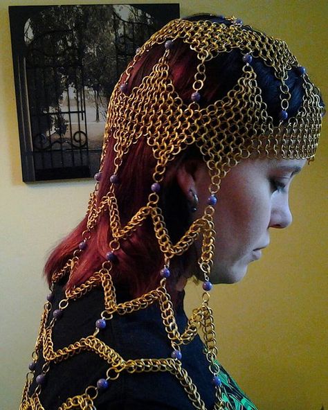 Long style beaded  Chainmail Headdress by CelestialChainmail Chainmail Headdress, Medieval Headwear, Chainmail Clothing, Chainmaille Jewelry Patterns, Chainmail Jewelry, Chain Maille Jewelry, Pensacola Fl, Head Wear, Chain Maille