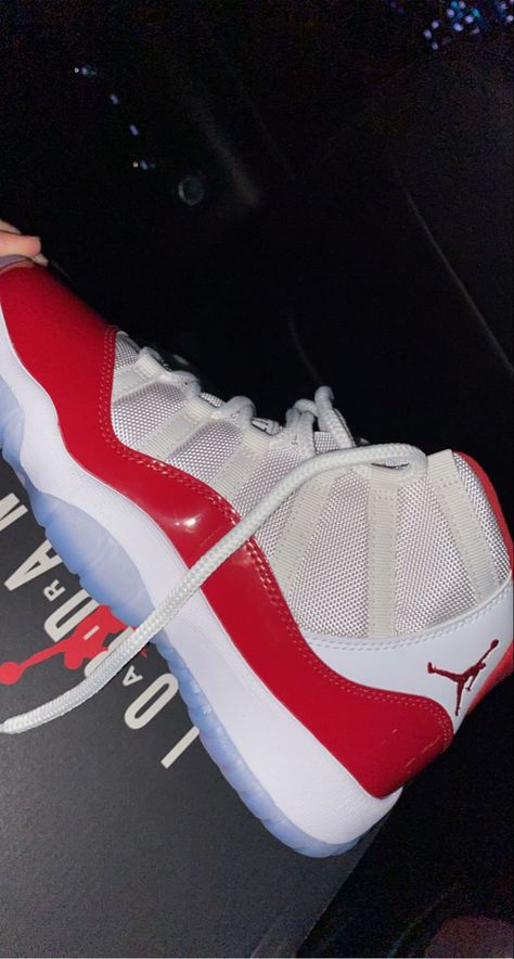 Red air Jordan’s 11 cherry shoes sneakers red white sneaker head trendy Jordan 11 Red And White, Jordans Red And White, Red White Jordans, White Air Jordans, Jordans Red, Jordan 11 Red, Jordan 11 Retro Cherry, Red And White Sneakers, Red And White Jordans