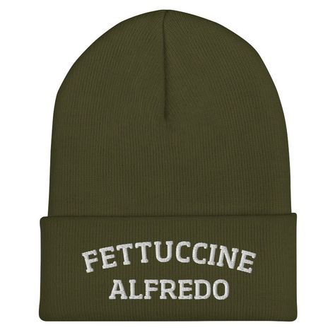 Do you love fettuccine Alfredo? Looking for a funny gift for a fettuccine lover? Our Fettuccine Alfredo Beanie is warm, cozy and the perfect funny hat for pasta enthusiasts of all kinds. This funny foodie beanie is snug, formfitting, and comes in a variety of colors, each expertly embroidered with the words "Fettuccine Alfredo". A unique accessory for pasta lovers, designed by Nina and made just for you! * 100% Turbo Acrylic * 12″ (30 cm) in length * Hypoallergenic  * Snug, formfitting, unisex s Foodie Outfit, Funny Clothes, Statement Hat, Funky Hats, Cold Weather Hats, Crab Rangoon, Fettuccine Alfredo, Pasta Lover, Foodie Friends