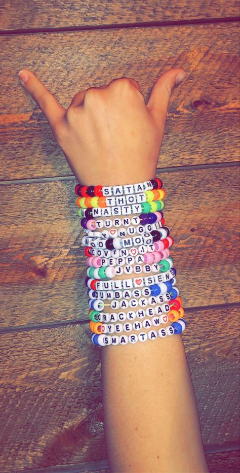 Funny Words To Put On Beaded Bracelets, Group Friendship Bracelets, Cute Beaded Bracelets Words Funny, Beaded Word Bracelets Funny, Words To But On Bracelets, Funny Bead Bracelet Words Ideas, Bracelets Diy Beads Words Funny, Bracelet Ideas Beaded Words Funny, Bracelets With Words Funny