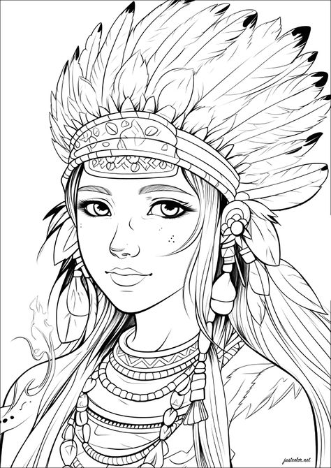 Young woman with Native American headdress - JustColor.net : Free printable coloring pages for adults and kids Native American Coloring Pages, Ancient Greece Mythology, School Age Crafts, Egypt Hieroglyphics, Printable Coloring Pages For Adults, Greece Mythology, Tibet Art, Pop Art Tattoos, Native American Headdress