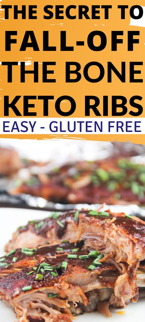 Fall-Off The Bone Keto Ribs - Savory, Easy to Make & So Delicious! Check out this easy recipe for melt in your mouth ribs. Fourth of July keto food. Easy oven baked rib recipe. The keto rib rub recipe is so good, and sugar-free! The keto rib sauce is sugar-free as well and this recipe can be finished on the grill if desired. This low carb dinner is so good, you won't believe it! Keto rib marinade, keto rib dry rub, keto rib meal, keto rib sauce, sugar-free bbq ribs, pork ribs in oven. Pork Ribs In Oven, Keto Ribs, Rib Dry Rub, Back Ribs In Oven, Oven Pork Ribs, Baked Ribs Recipe, Rib Rub Recipe, Rib Marinade, Baked Pork Ribs