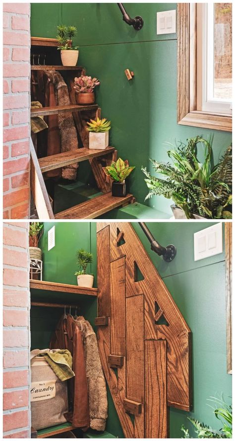 Tiny House Ladder Stairs, Fun Stairs Ideas, Reverse Loft Tiny House, Tiny House Interior Storage, Tiny House Storage Stairs, Tiny House Balcony, Tiny House Standing Loft, Cat Friendly Tiny House, Tiny House Storage Hacks