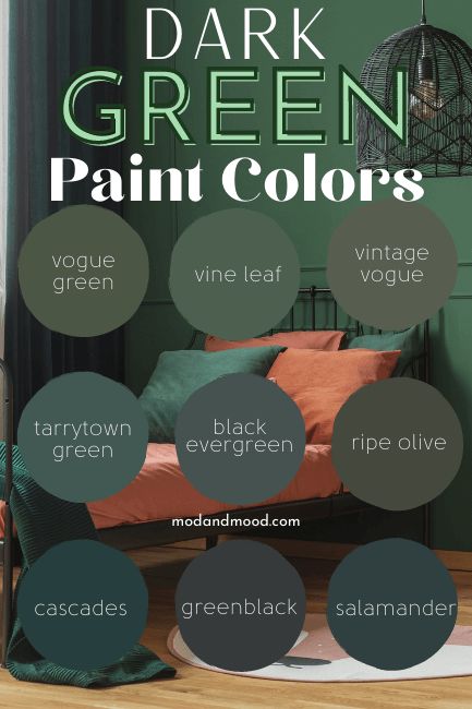 Best Dark Green Paint Colors from Sherwin Williams, Benjamin Moore, and More! - Mod & Mood Dark Cottage Core Paint Colors, Sherwin Williams Green Black Paint, Salamander Sherwin Williams, Deep Green Sherwin Williams, What Color Goes With Dark Green, Dark Green Trim Interior, Dark Green Wall Paint Colors, Dark Green Bathroom Ideas Paint, Jungle Green Paint