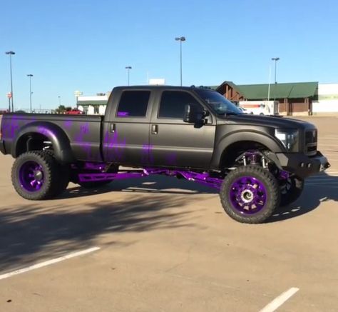 Purple accents truck Lifted Ford Trucks F250 Pink, Purple Truck Aesthetic, Black Car Purple Accents, Purple Lifted Trucks, Purple Truck Accessories, Truck Customization Ideas, Lifted Trucks With Led Lights, Purple Truck, Purple Cars