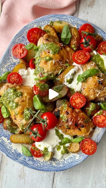 Margie Nomura on Instagram: "Recipe 30 of 100: One Pan Crispy Parmesan and Garlic Chicken and Potatoes with burrata, cherry tomatoes and pesto. 

This is such a great weeknight supper as you let the oven do the hard work. I love love love the contrast of the hot chicken and potatoes with the cool creamy burrata and fresh tomatoes. It’s such a delicious combination and contrast of textures and temperatures! Love it. It feels fresh and Summery but more satisfying than a salad. 

The recipe for this one will be going out in my newsletter on Sunday. Make sure you’re subscribed (if you’re not and you’d like to be just let me know and I can send you the link to join). As of this week there are now over 30,000 people who get the Dinner Tonight newsletter in their inbox every Sunday, and you’re we Garlic Chicken And Potatoes, Chicken And Potatoes, Garlic Parmesan Chicken, Recipe 30, Hot Chicken, Garlic Parmesan, Garlic Chicken, One Pan, Easy Food