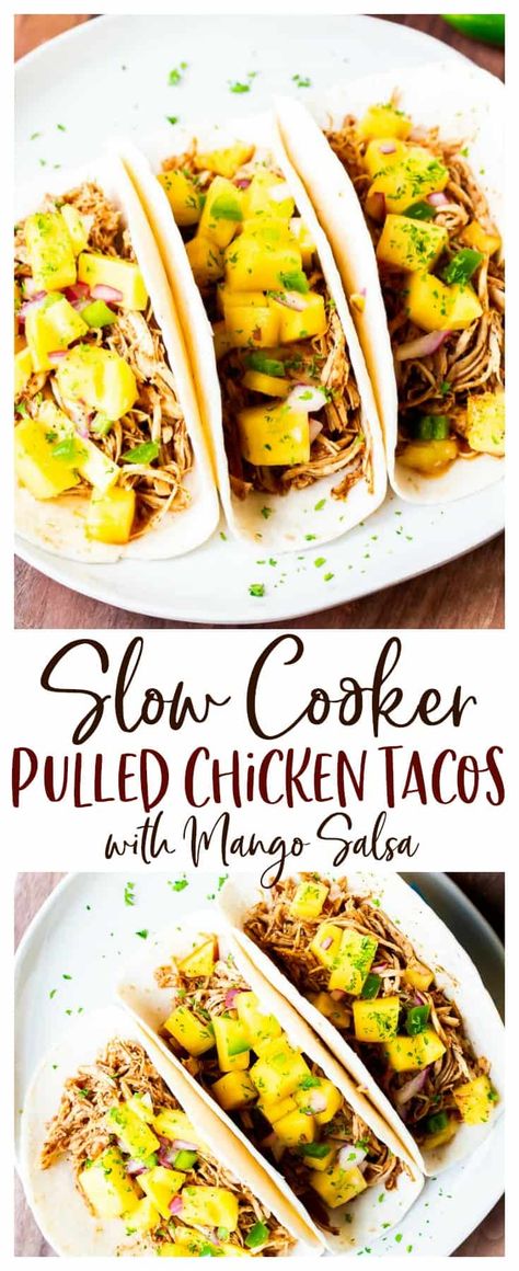 Mango Tacos Chicken, Chicken Tacos Mango Salsa, What To Make With Mango Salsa, Mango Salsa Chicken Crockpot, Mango Habanero Chicken Tacos, Slow Cooker Pulled Chicken Tacos, Pulled Chicken Crock Pot Recipes Taco, Mango Chicken Tacos, Chicken Tacos With Mango Salsa