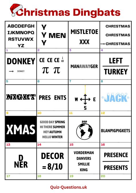 Christmas Dingbats Xmas Quiz And Answers, Christmas Rebus Puzzles Free Printable, Winter Logic Puzzles Free, Winter Rebus Puzzles, Christmas Puzzle Games, Christmas Anagrams With Answers, Christmas Picture Quiz And Answers, Christmas Quiz Ideas, Christmas Activity Printables Free