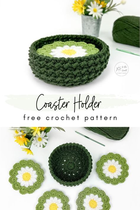 Daisy Coaster Holder - Free Crochet Pattern | Jo to the World Creations Crochet Coaster With Basket, Coaster Set Crochet Free Pattern, Sheep Coaster Crochet Pattern, Coaster Basket Crochet, Easy Crochet Patterns To Sell, Coaster Crochet Christmas, Crochet Coasters With Basket Free Pattern, Cute Coaster Crochet Pattern Free, Crochet Coaster And Holder Pattern