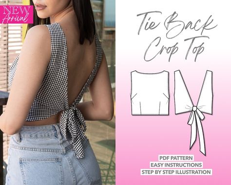 Tie Back Top Sewing Pattern Crop Top Pattern Open Back Sewing - Etsy Sweden Backless Top Pattern, Sewing Pattern Crop Top, Women Top Sewing Pattern, Crop Top Sewing Pattern, Pattern Crop Top, Tie Back Top, Crop Top Pattern, Tank Top Pattern, Fabric Sewing Patterns