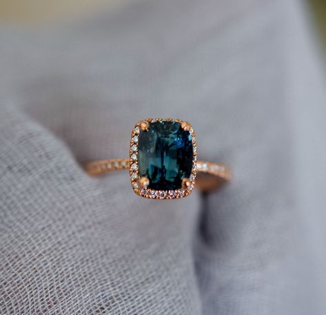 Teal sapphire Rose gold engagement ring. Engagement ring by Eidelprecious. This ring features a 3.3ct cushion sapphire. The color is gorgeous deep peacock green with blue flashes. The sapphire is very beautiful and clean.This beauty is set in Eidelprecious signature 14k rose gold diamond setting, V Teal Sapphire, Morganite Engagement, Dream Engagement Rings, Morganite Engagement Ring, Sapphire Engagement Ring, Peacock Green, Sapphire Diamond Ring, Rose Gold Engagement, Green Sapphire