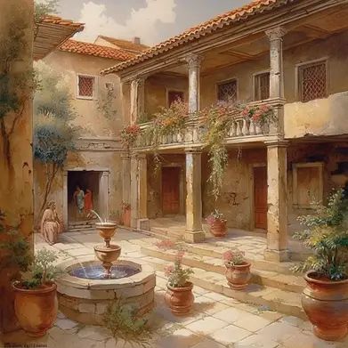 Greek Courtyard, Ancient Greek Garden, Greek Houses Exterior, Greek House Interior, Greek Homes, Greek Home, Ancient Greece Aesthetic, Greece Homes, Greece House