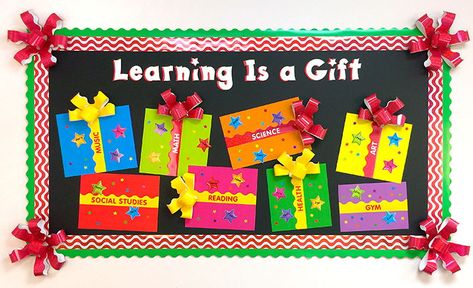 Learning is a gift! Make this Christmas theme bulletin board for your classroom and have students add their names to their favorite school subjects on the gifts! Boards In Classroom Ideas, Learning Is A Gift Bulletin Board, Poster Board Christmas Ideas, Christmas Decor Ideas For A Classroom, Christmas Display Board Ideas, Christmas Bulletin Boards For School Hallways, Christmas Bulletin Board Ideas Middle School, How To Decorate A Classroom For Christmas, Bullinton Boards Ideas