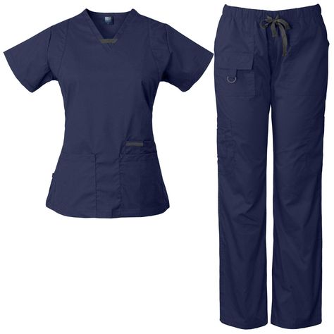 PRICES MAY VARY. Drawstring closure V-neck scrubs top with 3 pockets, pencil pocket and side slits Scrubs pants with 7 pockets and loop, Full Elastic Waistband with drawstring, Tool loops on right cargo pocket, Multi-use front pocket with velcro closure Cotton/Poly Blend Medgear women's scrubs set, includes a V-neck scrubs top with 3 pocket, pencil pocket and side slits. Scrubs pants with 7 pockets and loop, full elastic waistband with drawstring, tool loops on right cargo pockets, multi-use fro Nursing Scrubs Outfits, Cute Nursing Scrubs, Nurse Fashion Scrubs, Vet Scrubs, Medical Scrubs Fashion, Fun Scrubs, Beauty Uniforms, Dental Assisting, Scrubs Pants