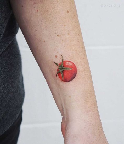 Cherry tomato tattoo by tattooist picsola - Tattoogrid.net Tomato Tattoo, Inner Thigh Tattoos, Italy Tattoo, Fruit Tattoo, Tattoo Prices, Cherry Tomato, Friend Tattoos, Ankle Tattoo, Dope Tattoos