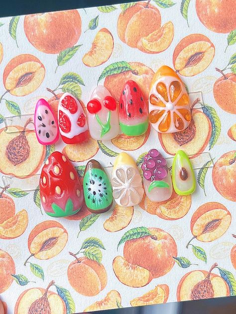 summer fruit 3D nails Nails Original, Fruit Nails, Nails Press, Fancy Design, Small Details, Summer Fruit, 3d Nails, Nail Wraps, False Nails