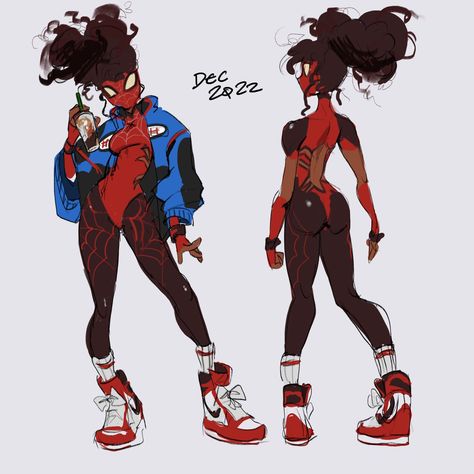 Upside Down Spiderman Pose, Spidey Suit Design, Spidersona Character Design, Spider Man Suits Design Oc Female, Black Spiderwoman Oc, Spider Man Oc Art, Spider Sonas Drawings, Spidersona Outfit Ideas, Spider Man Suits Design Oc