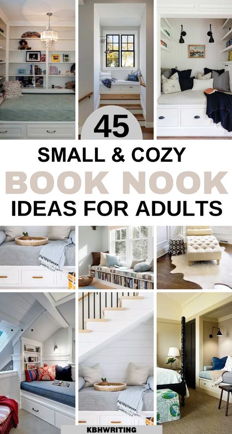 Escape into the world of literature with these small and cozy book nook ideas for adults. From tucked-away corners to creative displays, explore ways to craft your own personal reading sanctuary. Create a space that invites relaxation, exploration, and the pure joy of getting lost in a good book. #BookNookIdeas Book Nook Ideas, Cozy Book Nook, Reading Nook Diy, Bedroom Reading Corner, Closet Nook, Reading Nook Closet, Attic Room Ideas, Cozy Home Library, Corner Nook