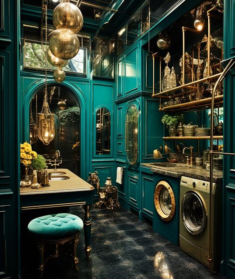 Dark Teal Interior Design, Jewel Tone Laundry Room, Chrome Room Aesthetic, Whimsigoth Laundry Room, Dark Teal Decor, Maximalist Laundry Room, Dark Teal House, Dark Teal Room, Gothic Laundry Room