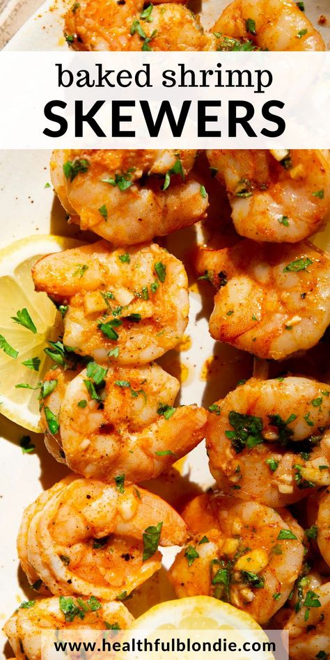 These quick and easy oven-baked shrimp skewers are juicy, full of flavorful, and marinated in a simple lemon-garlic and herb dressing. The shrimp cook in minutes and make for the perfect weeknight dinner!