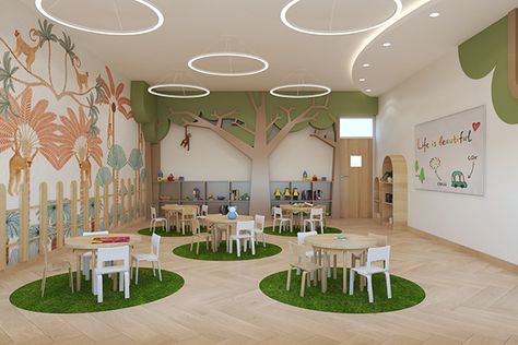 Kindergarten Interior Design Classroom Ideas, Kids Daycare Design, Kids Classroom Interior, Playschool Decoration Ideas, Kindergarden Interiors, Kindergarten Interior Design Classroom, Play School Decor Ideas, Kindergarten Design Interior, Modern School Interior