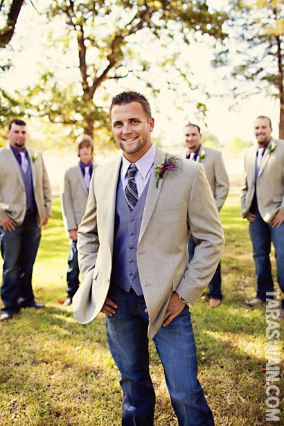 The Groom's Attire - Natural Suit Jacket, Light Blue Vest, Navy Tie & Denim Jeans Groomsmen Outfit Ideas, Rustic Groomsmen, Groomsmen Style, Jeans Wedding, Mens Wedding Attire, Wedding Groomsmen, Wedding 2024, Fall Weddings, Groomsmen Attire